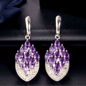 Sterling Silver Amethyst Zirconia Oval Drop Earrings